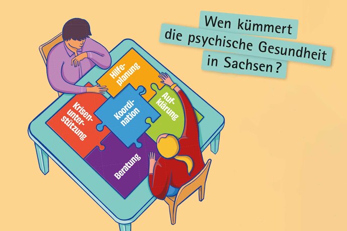 Abbildung im Comicstil: zwei Personen sitzen an einem Tisch und puzzeln gemeinsam. Darüber steht geschrieben: Wen kümmert die psychische Gesundheit in Sachsen?